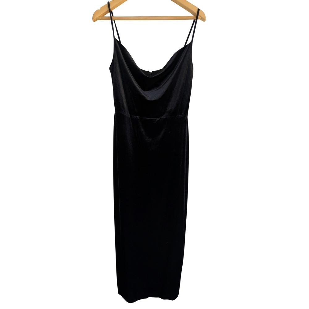 Taylor Black Velvet Cowl Neck Midi Dress Womens Size 8 Spaghetti Strap Slit